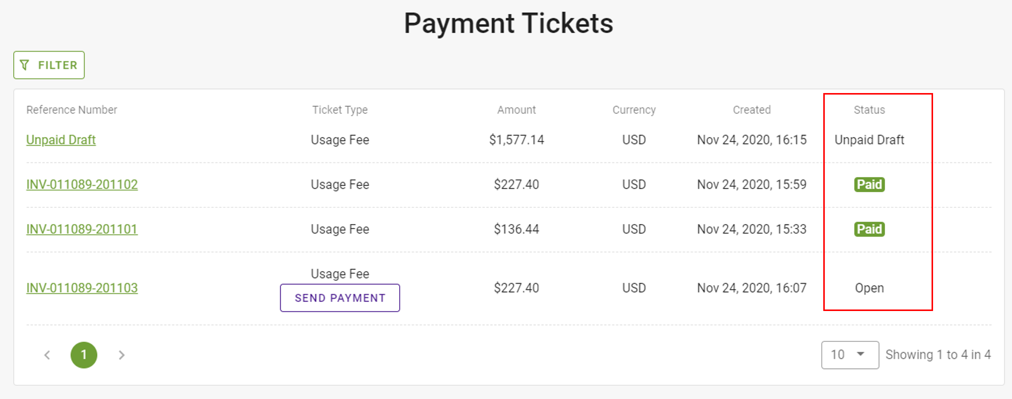 payment ticket statuses