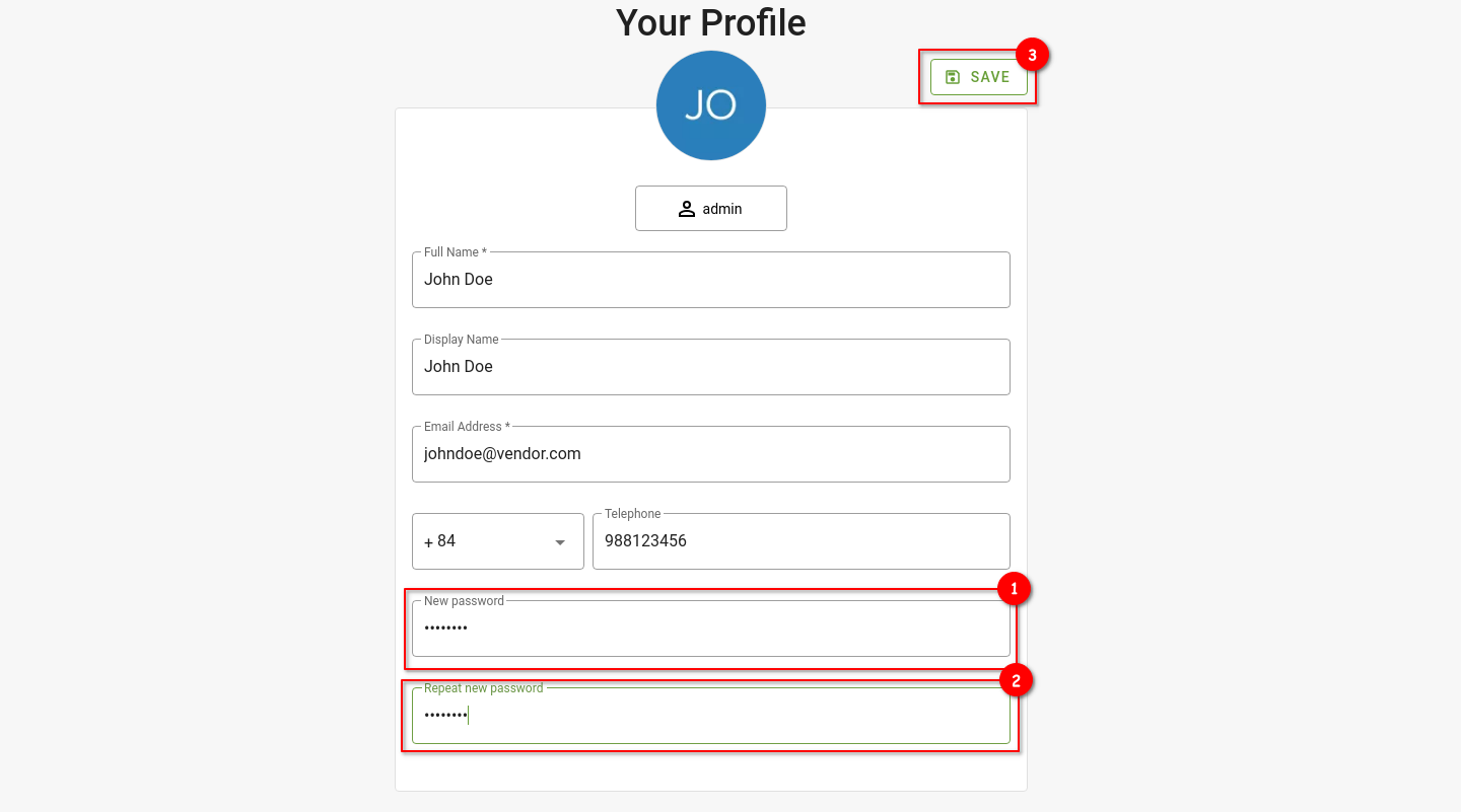 profile page - new password